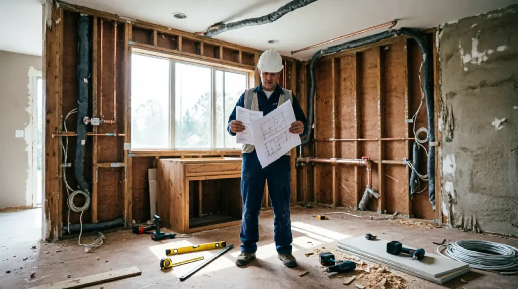 Florida kitchen mid-renovation with exposed plumbing and contractor reviewing permit paperwork on a residential worksite