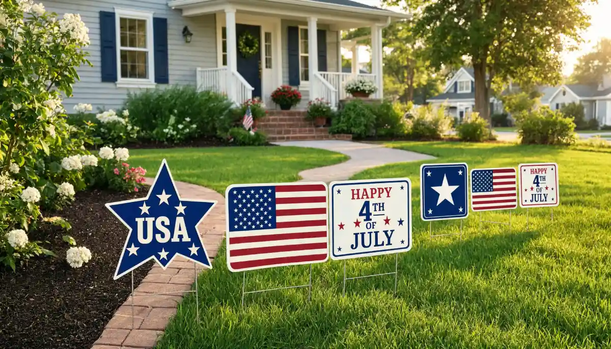 Patriotic yard signs featuring American flag designs and Fourth of July messages displayed along a front lawn walkway