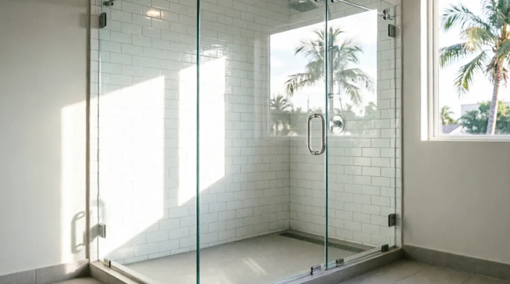Bathroom Remodel Ideas for Small Homes in Florida (That Actually Work) - Remodeling - Homedecortoday Frameless glass shower enclosure with minimal chrome hardware in Florida bathroom remodel, clear tempered glass panels eliminate mold-prone frames, white subway tile shower with natural light and palm tree view