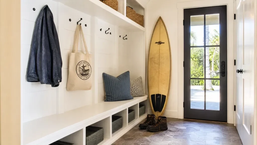 White built-in mudroom bench with open cubbies, coat hooks holding a denim jacket and tote bag, a vintage surfboard, and a black glass-paneled door leading to a sunny exterior.