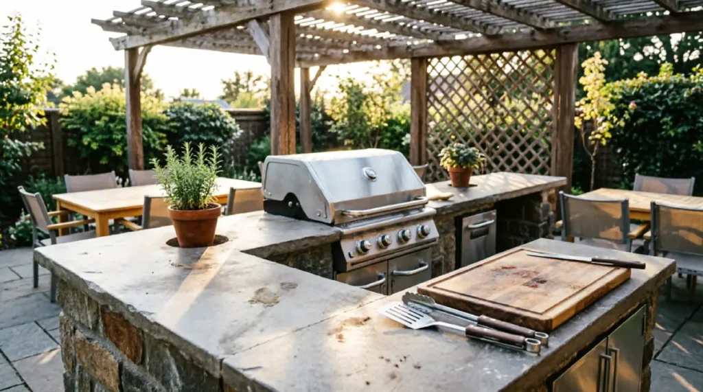 L-shaped outdoor kitchen with stainless steel grill, stone countertops under wooden pergola, cutting board with grilling utensils, potted rosemary, dining area beyond