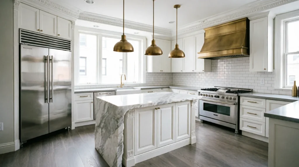 Kitchen Remodeling Cost in New York: What Homeowners Actually Pay in 2026 - Remodeling - Homedecortoday Luxury NYC kitchen remodel at $150,000 featuring custom white cabinetry, Calacatta marble waterfall island, brass range hood, Sub-Zero refrigerator, Wolf professional range, quartzite countertops, and herringbone hardwood floors