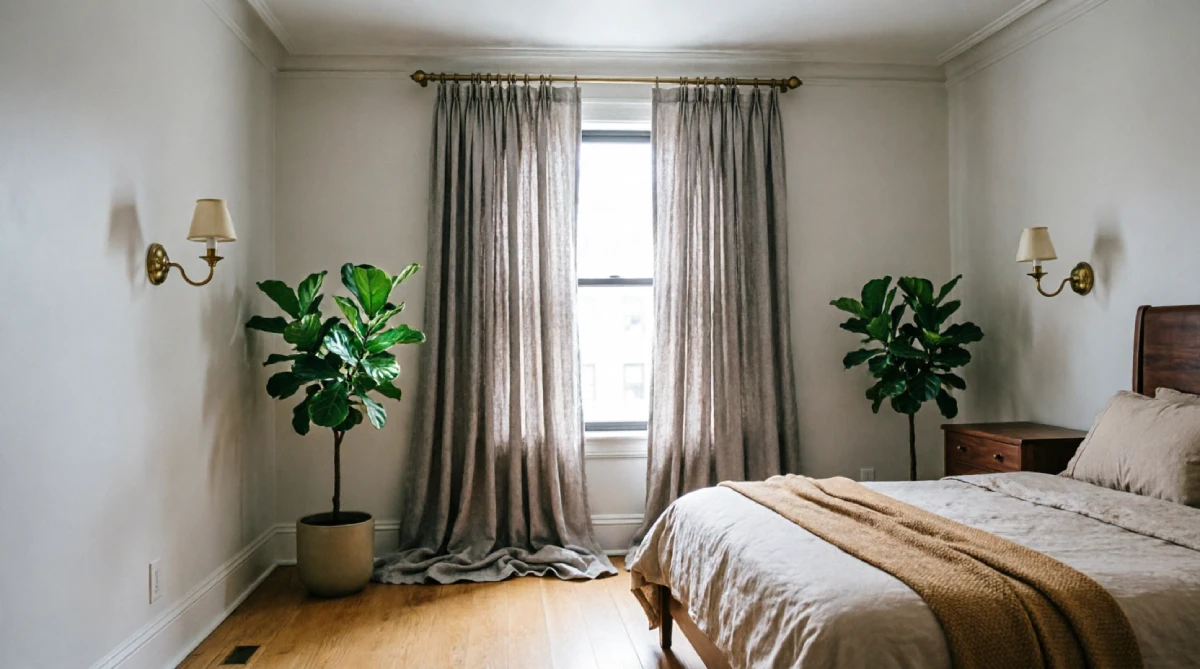 Easy DIY Home Decor Ideas for Bedroom in New York - DIY Projects - Homedecortoday NYC pre-war bedroom with curtain rod mounted near ceiling crown molding, featuring wide floor-length curtains pooling slightly on hardwood floors to maximize natural light and visual height