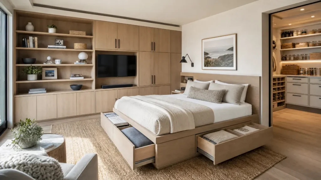 Modern bedroom featuring custom light wood built-in shelving, a platform bed with integrated storage drawers, and an organized walk-in pantry, showcasing functional design for efficient family living.
