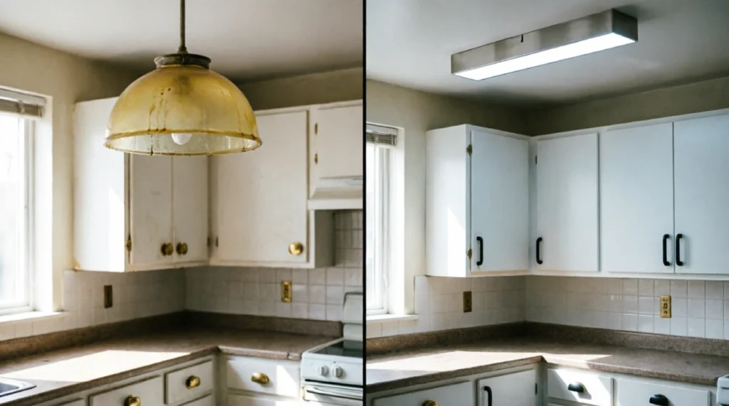 Small kitchen before and after showing brass knob replacement with matte black cabinet pulls and yellowed dome light fixture swapped for brushed nickel flush-mount LED, white painted cabinets, DIY budget update under $100 in New York apartment