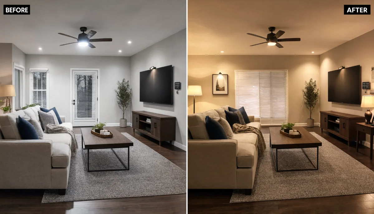 Before and after living room showing a transition from cool gray walls and bright white ceiling light to warm beige paint with amber lighting, a floor lamp, and wall art.