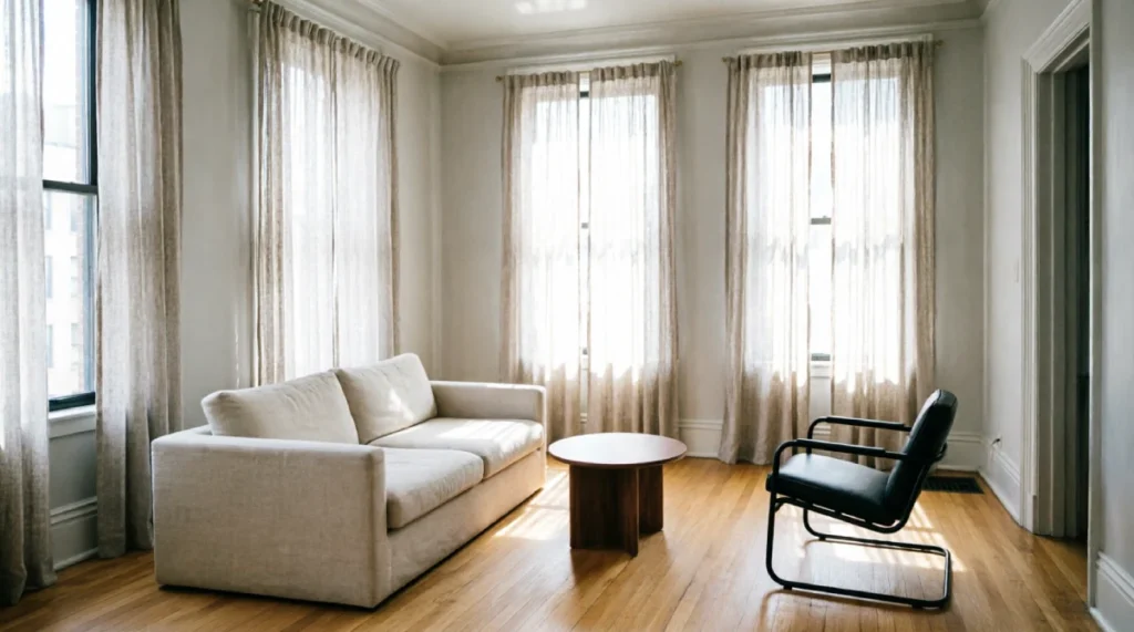 Small New York house living room with linen-look sheer curtain panels on multiple windows, natural light filtering through lightweight fabric, hardwood floors, replacing heavy drapes with budget-friendly window treatment solution under $150