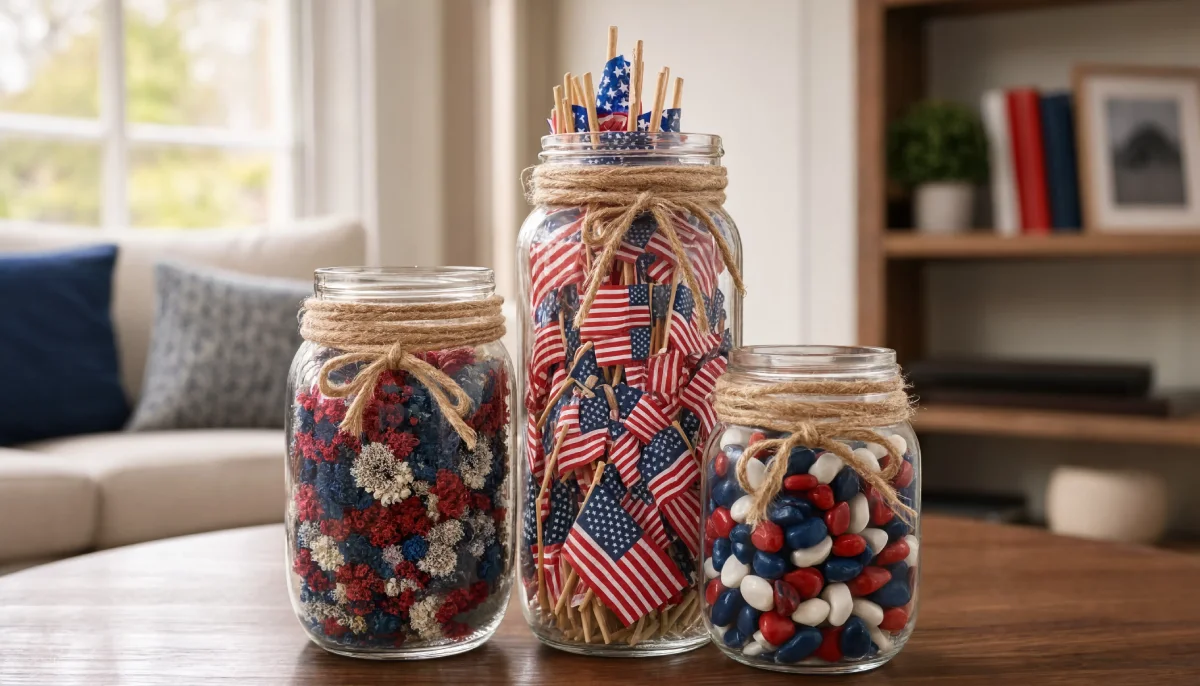 Three glass mason jars wrapped in twine filled with American flags, red white and blue candy, and dried flowers.