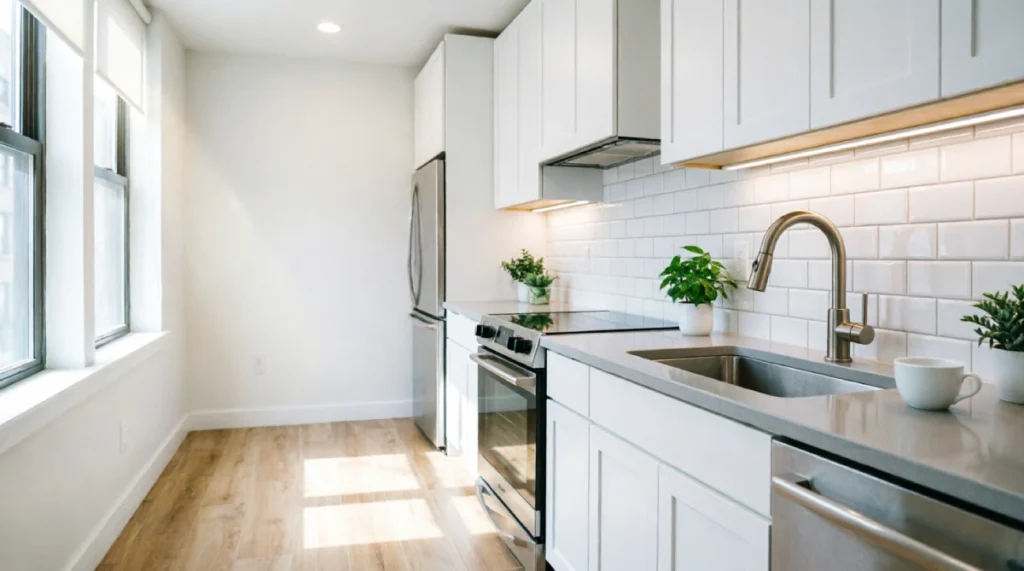 Kitchen Remodeling Cost in New York: What Homeowners Actually Pay in 2026 - Remodeling - Homedecortoday Mid-range NYC kitchen remodel at $50,000 featuring white shaker cabinets, gray quartz countertops, subway tile backsplash, stainless steel appliances, under-cabinet LED lighting, and wood-look flooring