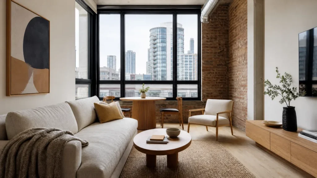 Modern Small Apartment Design Ideas for Chicago's Tight City Spaces - Interior Design - Homedecortoday Modern Chicago loft living room with exposed brick wall, floor-to-ceiling black-framed windows overlooking city high-rises, and light wood minimalist furniture including a beige sofa and round coffee table