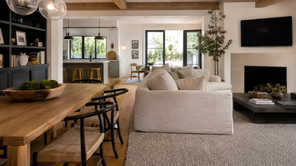 Open concept living and dining area featuring a natural wood dining table with black wishbone chairs, a large beige sectional sofa facing a stone fireplace, and a view into a modern kitchen with an island and black-framed windows.