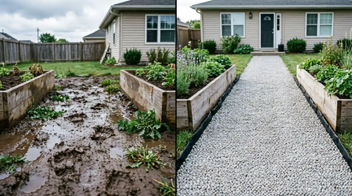 Before and after backyard transformation showing muddy path between raised garden beds replaced with pea gravel walkway bordered by black landscape fabric edging leading to house