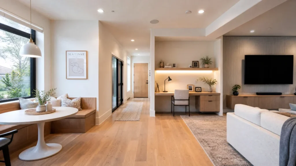 A spacious open-concept living area featuring a built-in breakfast nook with a wooden bench, a minimalist homework station with overhead lighting, and a lounge zone with acoustic wall panels.