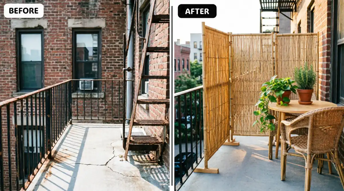 Low-Budget DIY Ideas for Your Balcony in New York - DIY Projects - Homedecortoday NYC balcony before after showing exposed cracked concrete floor and black railings with neighboring windows visible transformed with freestanding bamboo privacy screen panels in weighted bases, rattan bistro table and chairs, potted plants, red brick pre-war building exterior