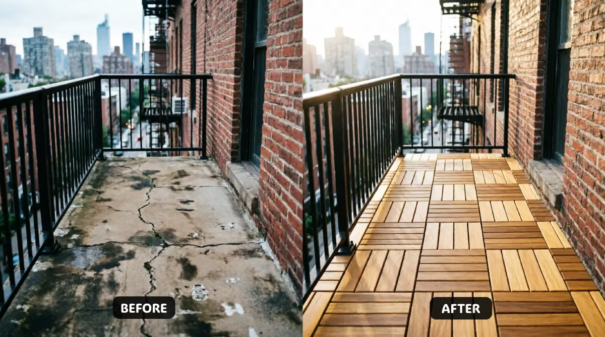 Low-Budget DIY Ideas for Your Balcony in New York - DIY Projects - Homedecortoday NYC balcony before after showing cracked stained concrete floor transformed with interlocking acacia wood deck tiles, black metal railings, red brick building exterior