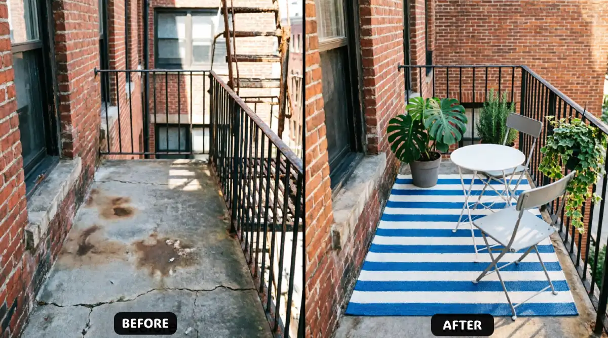 Low-Budget DIY Ideas for Your Balcony in New York - DIY Projects - Homedecortoday NYC balcony before after showing stained cracked concrete floor transformed with blue white striped flat-weave outdoor rug, white bistro table, metal folding chairs, monstera plant, black railings, red brick pre-war building