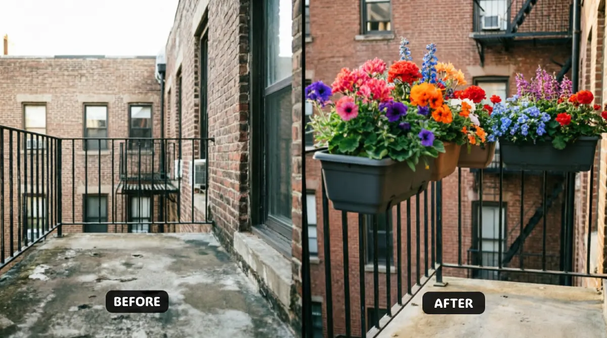 Low-Budget DIY Ideas for Your Balcony in New York - DIY Projects - Homedecortoday NYC balcony before after showing bare black metal railings transformed with hanging planter boxes filled with colorful petunias, geraniums, and lobelia in pink red orange purple blue blooms, weathered concrete floor, red brick pre-war building exterior