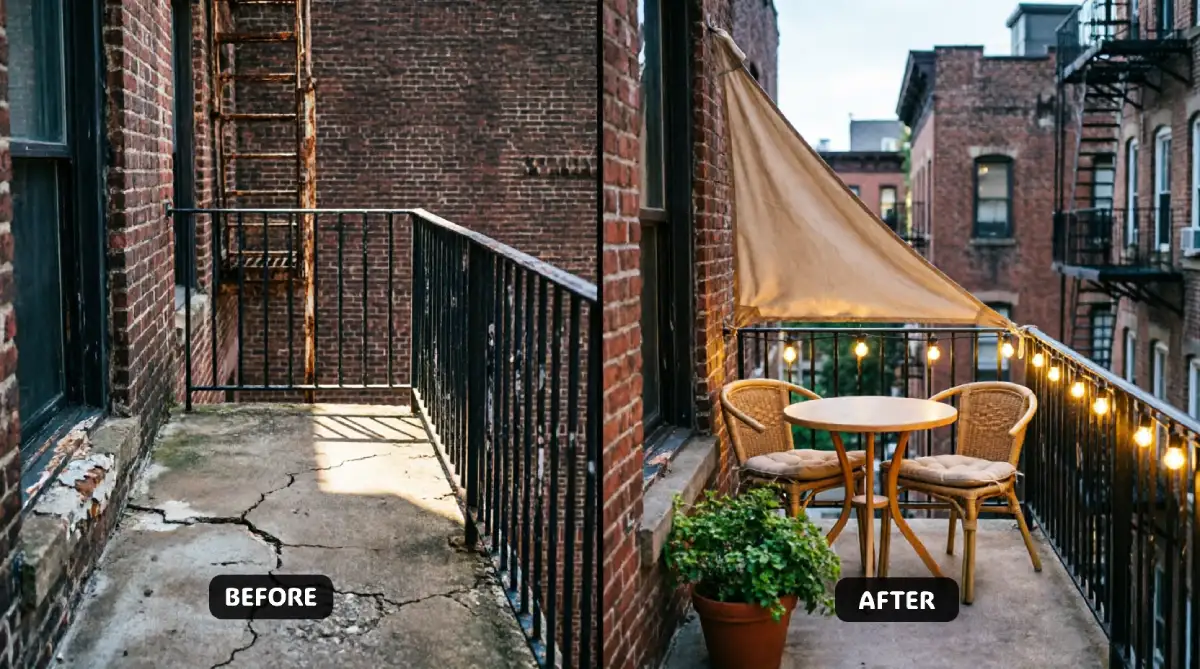 Low-Budget DIY Ideas for Your Balcony in New York - DIY Projects - Homedecortoday NYC balcony before after showing empty cracked concrete floor with black railings transformed with warm LED string lights, beige triangular shade sail, wooden bistro table, two rattan chairs with cushions, and potted plant against red brick wall