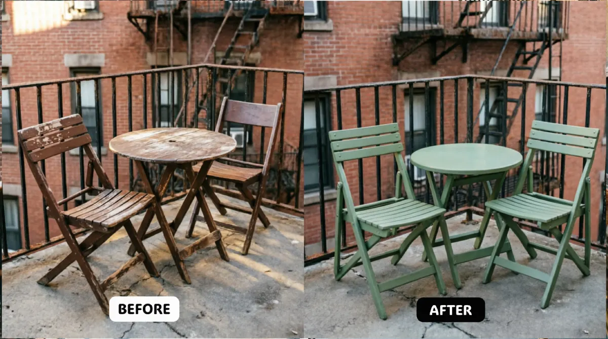 Low-Budget DIY Ideas for Your Balcony in New York - DIY Projects - Homedecortoday NYC balcony before after showing weathered wooden folding chairs and round bistro table with peeling brown finish transformed with sage green exterior paint, black metal railings, red brick building with fire escapes, cracked concrete floor