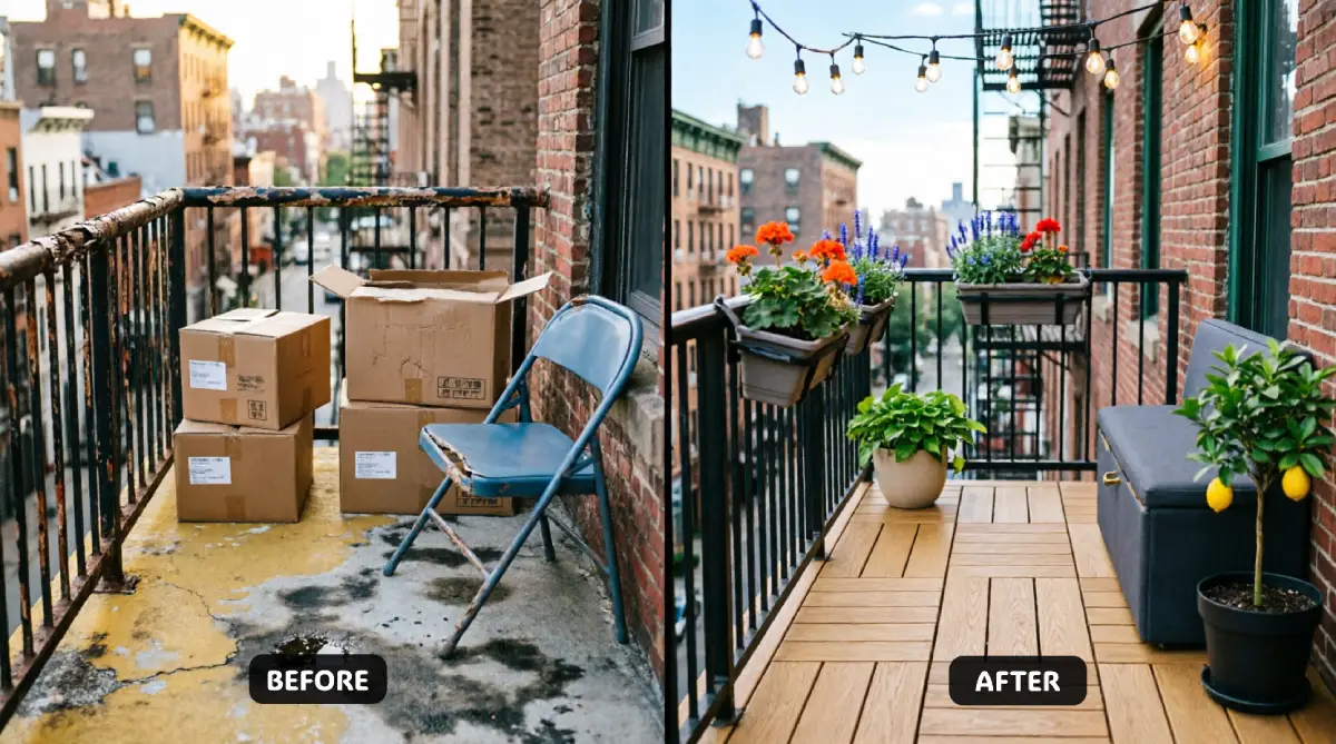 Low-Budget DIY Ideas for Your Balcony in New York - DIY Projects - Homedecortoday NYC pre-war balcony transformation showing weathered concrete floor with storage boxes converted to wood deck tiles, outdoor storage bench, railing planters with flowers, and string lights in 40-square-foot urban outdoor space