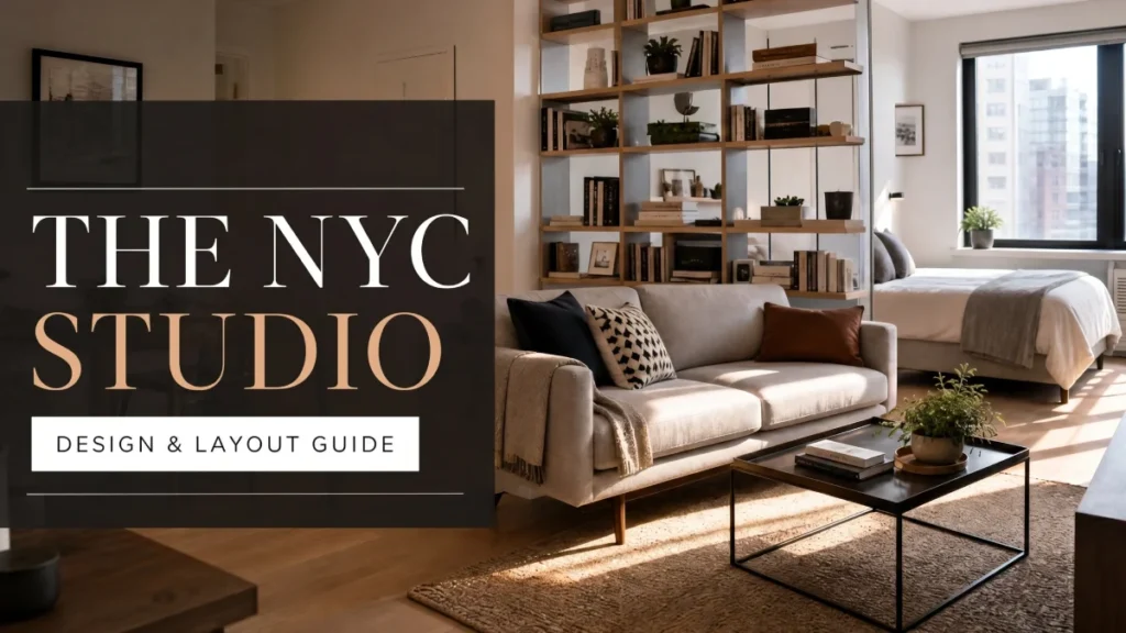 Modern NYC studio apartment with open floor plan featuring beige sectional sofa, built-in wooden bookshelf divider, coffee table with plants, and bedroom area visible through large windows with city views