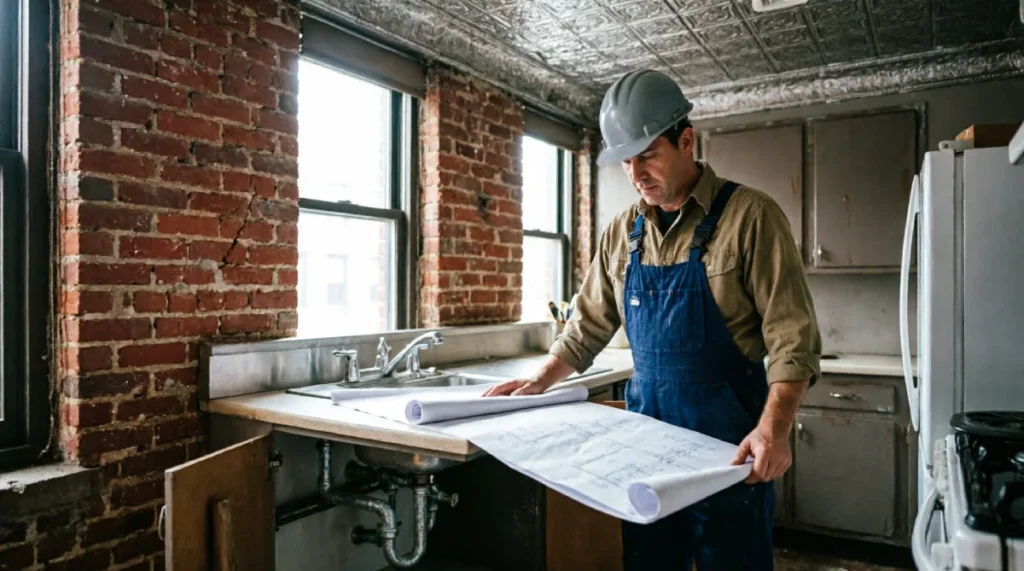 Kitchen Remodeling Cost in New York: What Homeowners Actually Pay in 2026 - Remodeling - Homedecortoday Licensed contractor reviewing kitchen remodel plans in a pre-war New York City kitchen with exposed brick walls