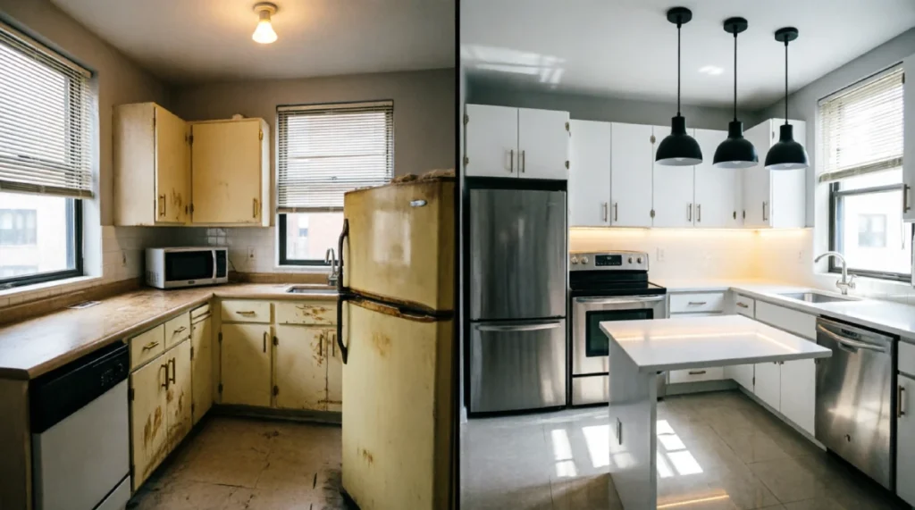 Kitchen Remodeling Cost in New York: What Homeowners Actually Pay in 2026 - Remodeling - Homedecortoday Side-by-side comparison of a New York City kitchen before and after a mid-range remodel with new countertops and cabinets