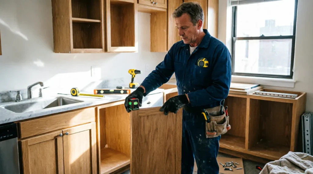 Kitchen Remodeling Cost in New York: What Homeowners Actually Pay in 2026 - Remodeling - Homedecortoday Professional contractor installing semi-custom kitchen cabinets in a compact New York City kitchen during a licensed renovation