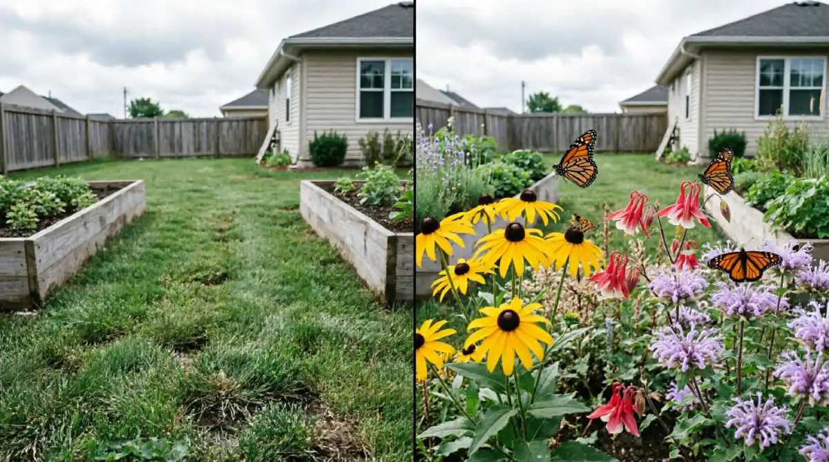 Before and after backyard transformation showing plain lawn grass between raised beds converted to native New York perennial garden with Black-eyed Susans, Eastern Red Columbine, Wild Bergamot, and visiting monarch butterflies
