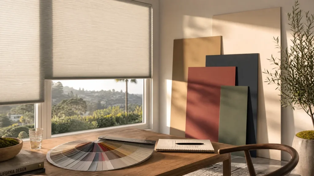 A sunlit room featuring modern cellular solar shades on a large window with various paint swatches and a designer's color fan deck on a wooden table to illustrate light direction impact.
