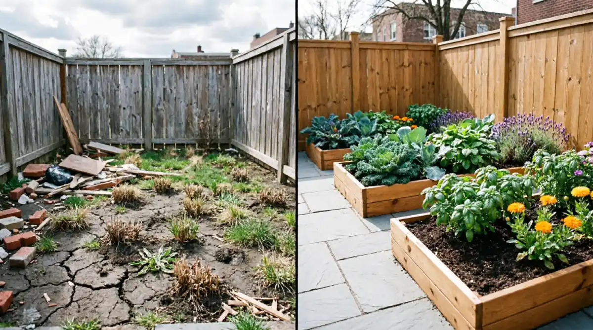 Side-by-side comparison of a neglected New York backyard with compacted soil and debris transformed into an organized DIY garden with cedar raised beds, stone pavers, and thriving vegetables and herbs