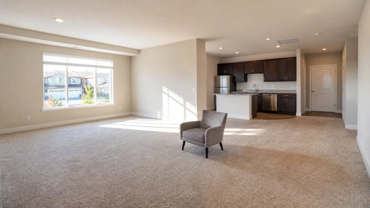 Easy DIY Living Room Decor Ideas for Studio Apartments - DIY Projects - Homedecortoday Spacious vacant living room with beige wall-to-wall carpet, large window, and single gray armchair, adjacent to kitchen with dark espresso cabinets and stainless steel appliances