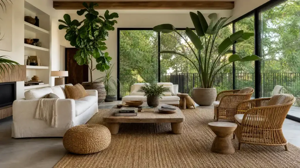 A sun-drenched California living room featuring large potted fiddle leaf fig and bird of paradise plants, rattan armchairs, a jute rug, and unlacquered wood furniture for a relaxed aesthetic.