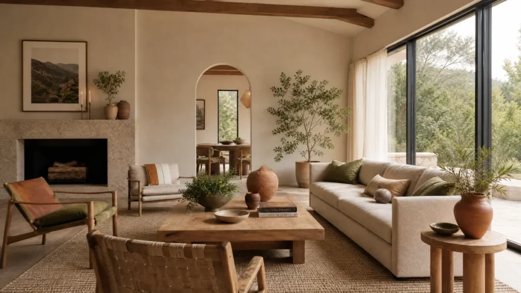 Modern California living room interior featuring a native-inspired palette of sage green, dusty terracotta, and warm sand tones with organic wood textures and natural light.