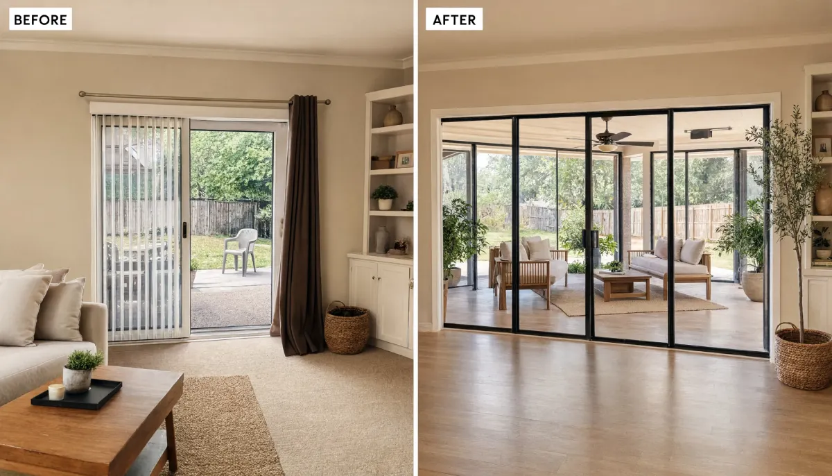 Before and after living room renovation replacing a sliding glass door with vertical blinds and beige carpet with expansive black framed bi-fold doors and hardwood flooring opening to a covered patio.