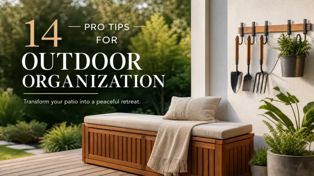 Teak deck box bench with neutral cushions positioned next to wall-mounted tool rack holding garden shovel, hand trowel, and cultivator on wooden patio deck with organized outdoor storage
