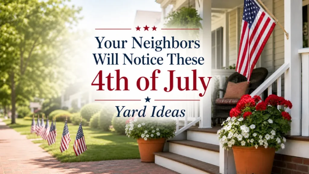 Patriotic front porch decorated with hanging and walkway American flags and potted red and white flowers for 4th of July yard ideas