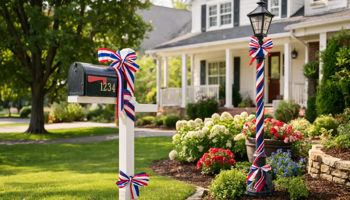 Patriotic ribbon decorated mailbox and lamppost in a landscaped front yard with blooming garden flowers