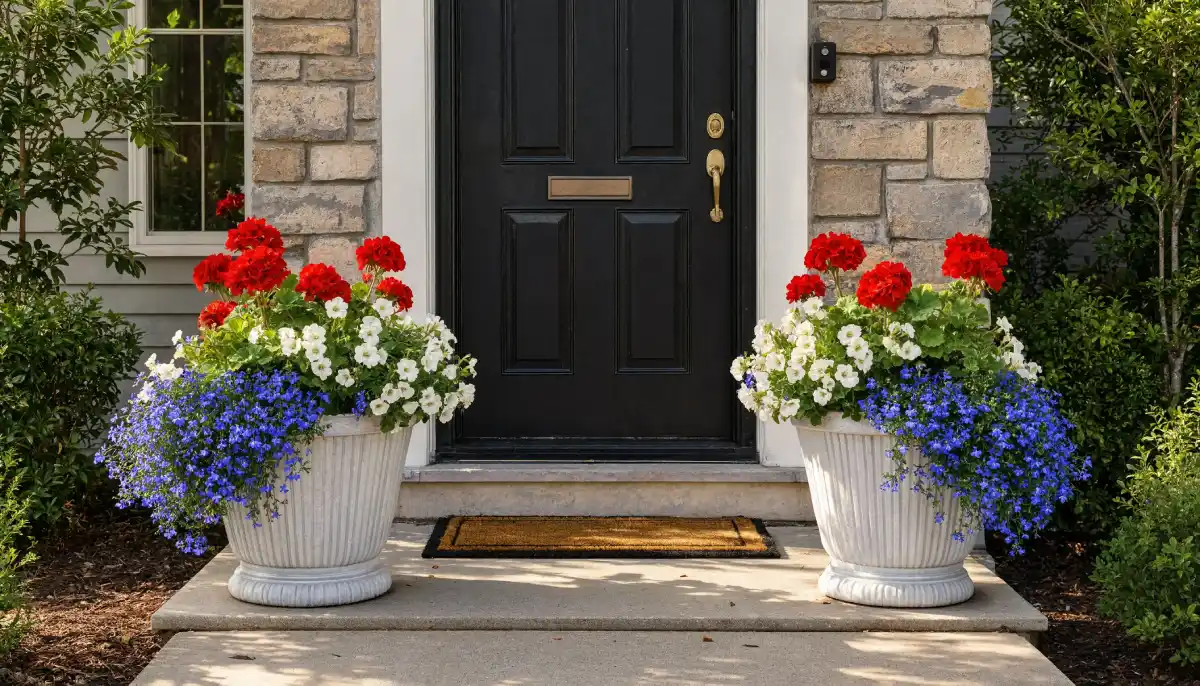 Patriotic porch planters with red geraniums, white petunias, and blue lobelia flanking a black front door entrance