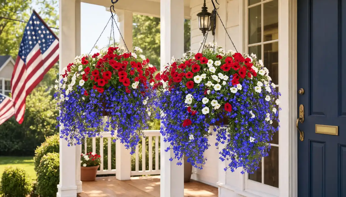 Red white and blue hanging flower baskets on a front porch with an American flag beside the entrance