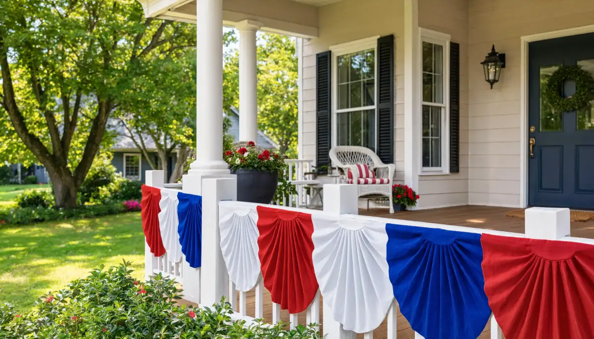 Front porch decorated with red white and blue bunting along the railing, featuring a cozy seating area and patriotic summer curb appeal