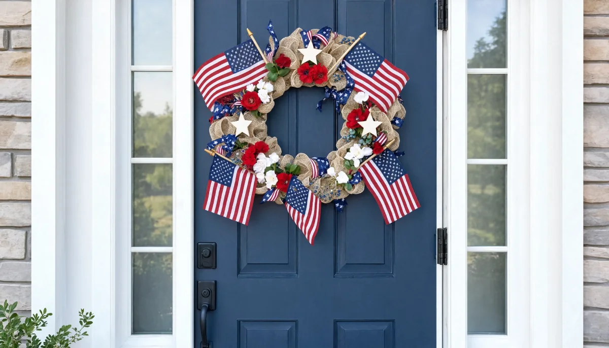 Burlap patriotic wreath with American flags hanging on a blue front door.
