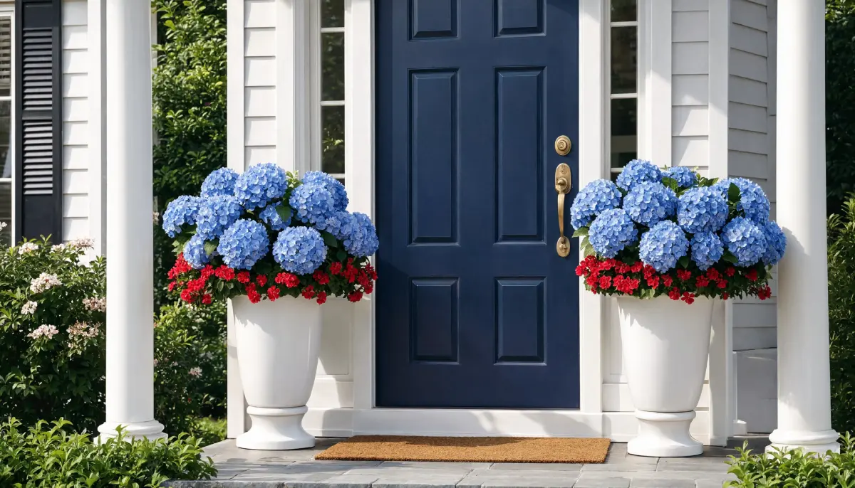 Navy blue front door flanked by white planters with blue hydrangeas and red flowers.