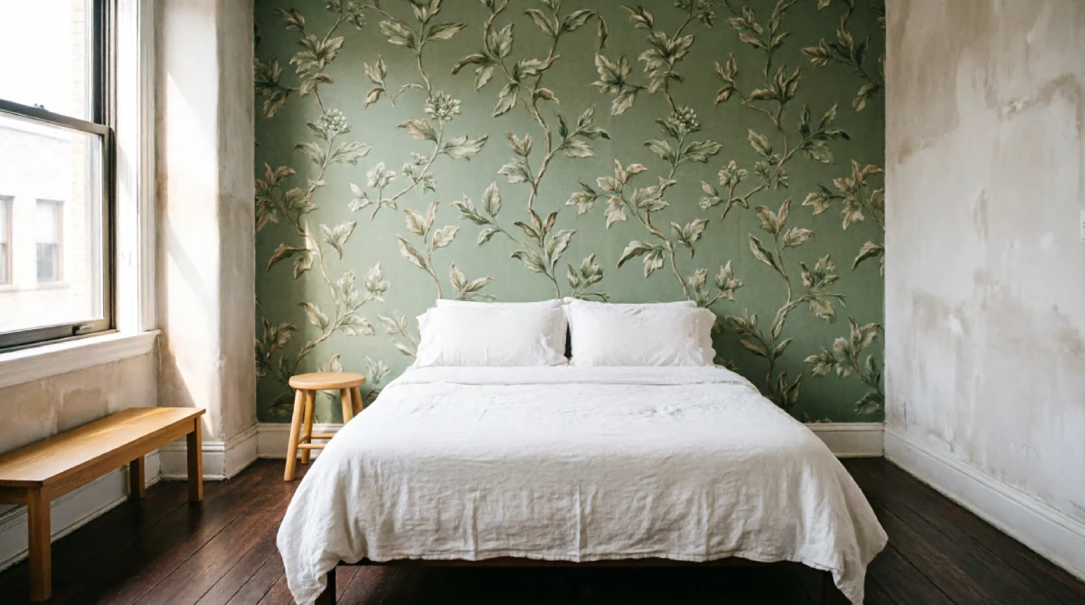 Easy DIY Home Decor Ideas for Bedroom in New York - DIY Projects - Homedecortoday Sage green botanical peel-and-stick wallpaper on bedroom feature wall behind bed in NYC pre-war apartment with original plaster walls and hardwood floors