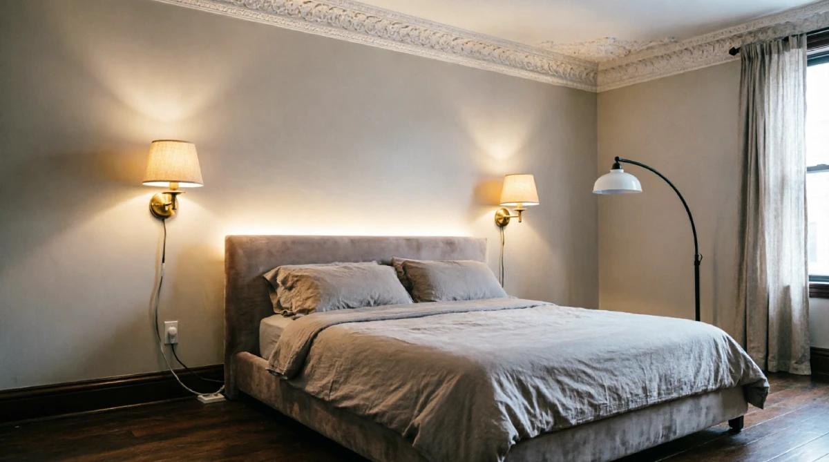 Easy DIY Home Decor Ideas for Bedroom in New York - DIY Projects - Homedecortoday NYC pre-war bedroom with plug-in wall sconces flanking bed showing visible cords running to outlets, warm LED strip lighting behind upholstered headboard, black arc floor lamp in corner, ornate crown molding, dark hardwood floors demonstrating layered lighting without electrical rewiring.