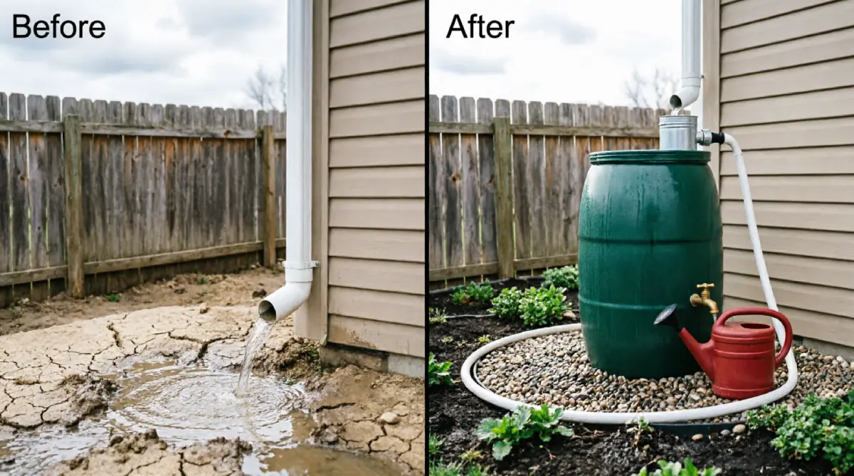 Before and after downspout transformation showing rainwater runoff pooling on cracked soil replaced with green 55-gallon rain barrel with diverter kit, brass spigot, red watering can, and pebble base for garden water collection
