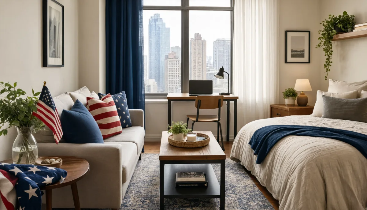 Cozy studio apartment with patriotic red white and blue decor, a workspace overlooking skyscrapers, and a comfortable bed area.