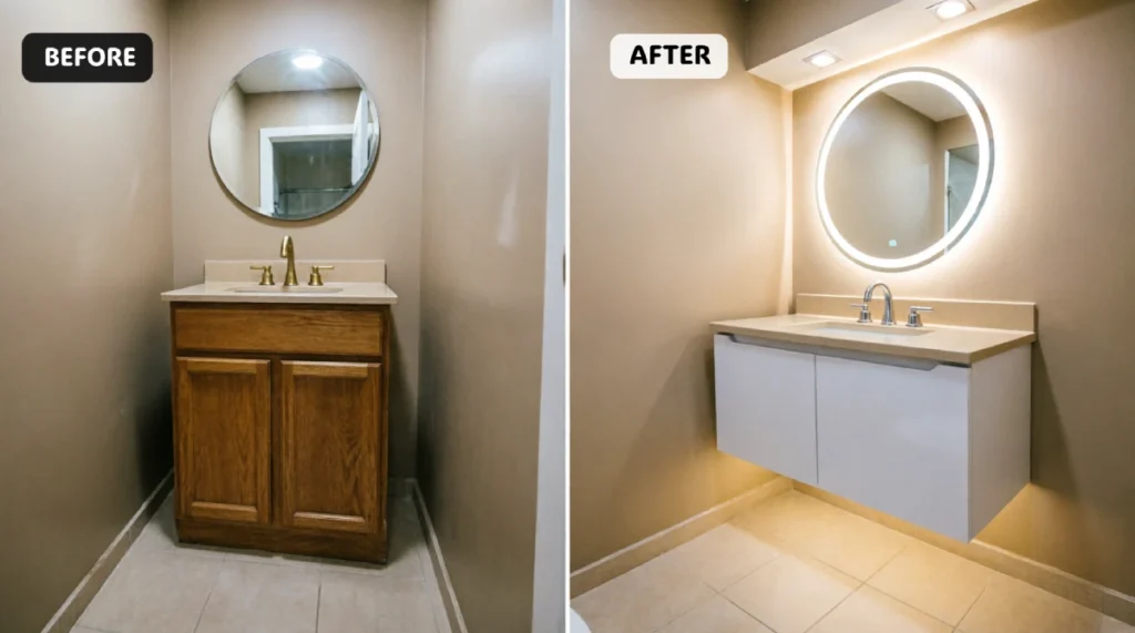 Before and after small bathroom showing traditional oak floor-standing vanity replaced with white wall-mounted floating vanity revealing continuous tile flooring, LED backlit mirror, and chrome fixtures