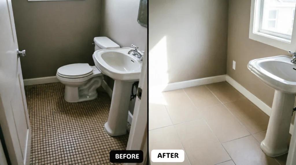 Before and after small bathroom floor showing 2x2 mosaic tiles with dark grout lines replaced with large-format 12x24 beige porcelain tile with minimal grout joints, same pedestal sink and toilet