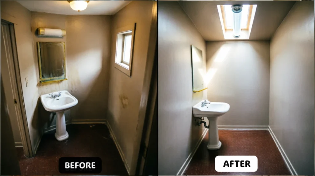 Before and after small bathroom showing dim space with artificial ceiling light transformed by tubular skylight installation, natural daylight flooding through solar tube in ceiling, same pedestal sink and brass mirror, dark shadows eliminated